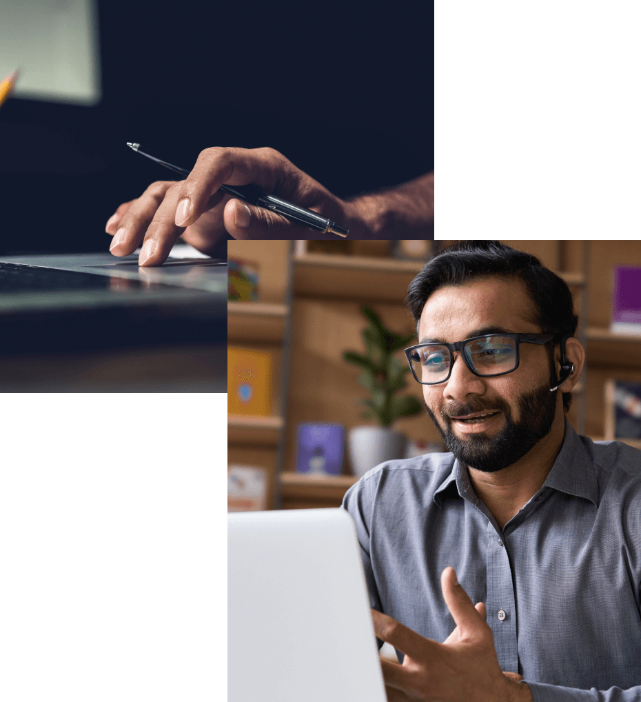 Hand typing on a laptop keyboard; Indian man wearing headset and talking at his laptop screen.