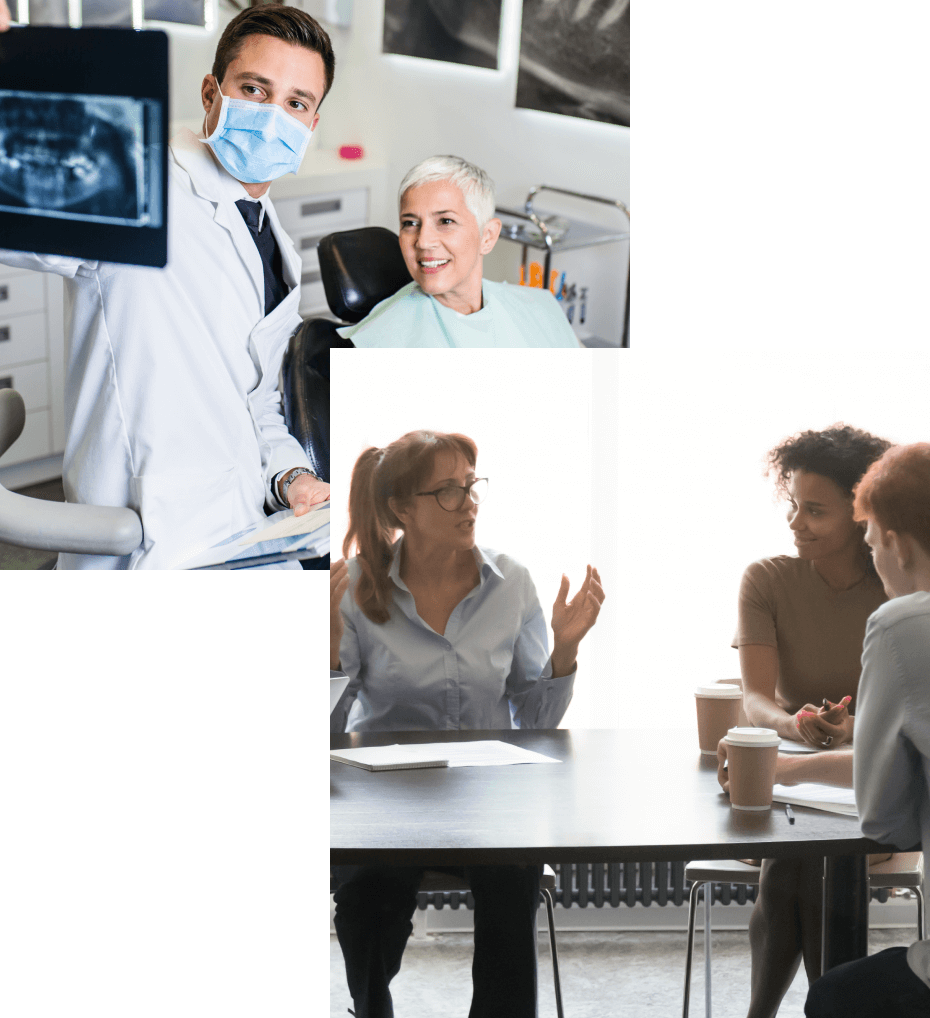 Doctor and patient look at an x-ray; woman leads a discussion at a table in an office.